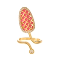 Golden geometric nail ring featuring pink enamel grid pattern and sparkling zircon stones - Pink Enamel Grid (K-1063) / KC Gold