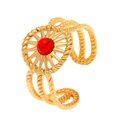 Vintage vergulde manchetarmband met zonnestraalmotief en rode steen - Rode Zon Stijl (K-607) / Ring