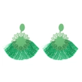 Vintage bohemian style oversized green fabric tassel earrings with floral metal detail - Green