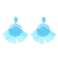 Retro bohemian light blue flower earrings with oversized fabric fringe tassel detail - Blue