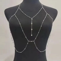 Detail of silver body chain with layered tassels and sparkling rhinestone pendants - Silver (6372)