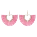 Pink heart tassel earrings with white pearls and gold hooks for a bohemian style look - Heart Fan Tassel Style (K-1045) / Pink