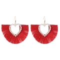 Bohemian red tassel earrings featuring a white pearl-encrusted heart and gold hooks - Heart Fan Tassel Style (K-1048) / Red