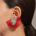 Statement bohemian fan-shaped earrings with red silk fringe and silver spiral texture - Red