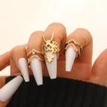 Gold tone geometric nail ring set with sparkling zircons and baroque openwork patterns - Nail Ring / 3 Piece Set / Gold
