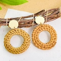 Bohemian handmade rattan hoop earrings for women with golden studs for beach vacation - Coffee Woven Ring Style (9947)