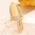 Golden fingernail ring with geometric crystal accents and polished metal nail plate - Leaf Pave Style (WG-0898) / KC Gold