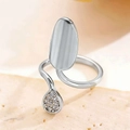 Silver geometric nail ring with smooth oval plate and sparkling pear-shaped rhinestone charm - Water Drop Style (WG-0899) / White Gold