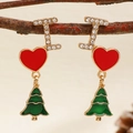 Detail of Christmas tree earrings with red heart and rhinestones on a rustic branch - Heart Christmas Tree Drop Earrings (2996) / Gold