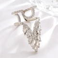 Silver geometric nail ring with sparkling pavé diamonds and rhinestone fringe detail - V-Shape Tassel (WG-0596) / White Gold