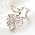 Silver geometric nail ring with sparkling diamonds and elegant bow-shaped design - Bowknot Curve (WG-0900) / White Gold