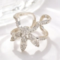 Silver flower nail ring with sparkling pavé crystals and elegant double-layer hollow band - Double Layer Flower (2058) / White Gold