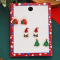 Christmas earrings set featuring festive dwarf, holiday house, and glittery Xmas tree - Snow House Dwarf Stud Earring Set (4896) / Gold