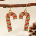 Festive candy cane drop earrings with red enamel and silver glitter in golden finish - Colorful Candy Cane Earrings (2999)