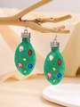 Festive Christmas green light bulb earrings with colorful rhinestones and silver hooks - Multicolor Rhinestone Green Bulb Earrings (G-536)