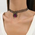 Elastic black tattoo choker featuring a black spider pendant with pink rhinestones for women - Matte Black Rose Red Stone Spider Choker (DZ-194)