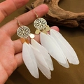 Bohemian dangle earrings with gold hollow discs and soft white feathers in detail - KC Gold White (A-1421)