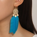 Bohemian gold hollow metal disk earrings with bright blue feather tassels and gold beads - KC Gold Lake Blue (7663)