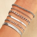 6-piece silver layered metal chain bracelet set with snake and cuban links on wrist - Silver (3107)