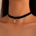Gothic black velvet choker necklace featuring a detailed golden spider pendant with crystal - Gold Spider Style (1506) / Black