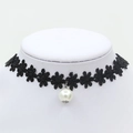 Gothic black lace floral choker necklace with a central white pearl drop pendant - Lace Flower Artificial Pearl (1470)