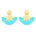 Bohemian gold flower stud earrings with vibrant sky blue thread fringe tassels - Gold Blue