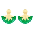 Ethnic style geometric floral earrings with golden metal and emerald green silk tassels - Gold Green