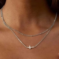 Zweilagige Silberhalskette mit Satellitenkette und horizontalem Kreuzanhänger für Damen - Silberner Stil (K-014)