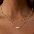 Doppellagige vergoldete Halskette mit Metallperlen und einem horizontalen Kreuzanhänger - Goldener Stil (K-024)