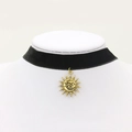Gothic black velvet choker necklace with antique gold sun and moon pendant for women - Moon Sun Antique Gold Style (0159)