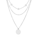 Three-layer silver necklace featuring faux pearls and a polished round disc pendant - 3-Layer Artificial Pearl Round Disc Necklace (X516) / Silver
