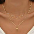 Dreilagige vergoldete Halskette mit eleganten Perlen und einem minimalistischen Kreuz - Goldener Dreilagiger Perlenstil (K-908)