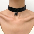 Gothic black glitter velvet choker necklace featuring a detailed spider pendant for women - Black Webbing Spider Style (G-610)