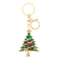 Golden Christmas tree keychain with green enamel and sparkling rhinestones on white background - Gold Green