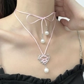Rosa Schleifen-Halskette mit Herz-Dornen-Anhänger und weißen Perlen für trendige Damen - Silber mit Rosa Seil (Dornenherz)