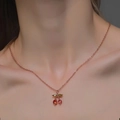 Elegant cherry pendant necklace with red zircon stones and rose gold finish - Cherry Necklace (8113) / Rose Gold