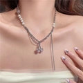 Silver cherry necklace with heart shaped pink gems and pearls worn by a model - Pink Heart Pearl Cherry Necklace (K-629) / Silver