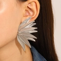 Close-up of large silver leaf earrings with detailed engraved diagonal textures - Silver Large Overlapping Style (N-366)