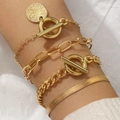 Juego de cuatro pulseras doradas con cadena de serpiente, eslabones de clip y cierre OT - Estilo en Capas Clip Hueso de Serpiente (01 KC Gold 0046) / Dorado