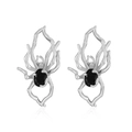 Detailed macro view of gothic spider earrings featuring black oval gemstones and silver metal - Large Black Stone Spider Stud (9299) / White Gold