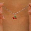 Silver necklace set with transparent red cherry pendants and green leaf details - Cherry Choker (0061) / Silver