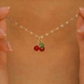 Elegant cherry pendant necklace with red crystal beads and golden metal chain - Cherry Choker Necklace (8501) / KC Gold