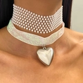 Collier ras de cou double couche avec strass étincelants et pendentif cœur en métal poli - Ras-du-cou Coeur Tissé Rose et Blanc Double Rang