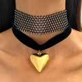 Choker double couche avec bande en maille sertie de cristaux et collier cœur doré en velours - Black Velvet Rhinestone Choker with Gold Heart