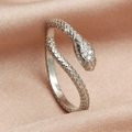 Silver snake wrap ring with shimmering cubic zirconia micro-inlay and scale texture - White Gold