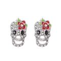 Skull stud earrings with sparkling rhinestones and red rose detail for Halloween style - Full Rhinestone Flower Skull Style (S154) / Silver Black
