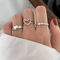 Three-piece set of vintage silver heart rings featuring hollow and solid heart designs - Antique Silver Multiple Heart Combination Set (X649)