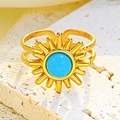 Retro goudkleurige stalen ring met zonnestraal ontwerp en blauwe turquoise steen - Blauwe Stijl (Z-322) / Ring