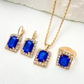 Golden bridal jewelry set with emerald-cut blue gemstone and shimmering rhinestones - Rectangular Royal Blue Gemstone Jewelry Set (03 KC Gold Royal Blue 7494)