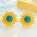 Vintage gouden zonnebloem oorknopjes met turquoise steen inleg voor dames - Stud oorbellen